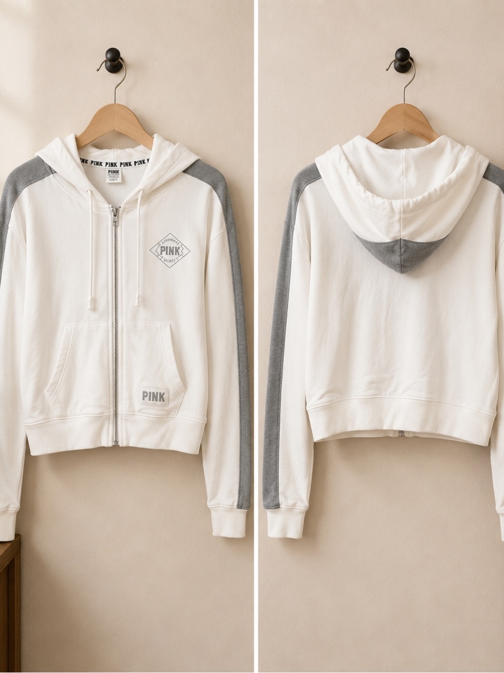 PINK Victoria's Secret White Zip-Up Hoodie with Gray Accents